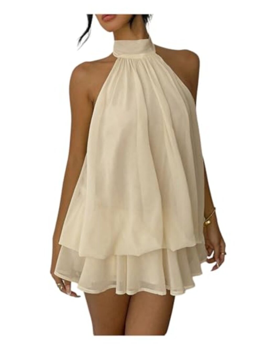 Ruffle Mini Dress Pleated Halter Sleeveless Open Back Cocktail Party